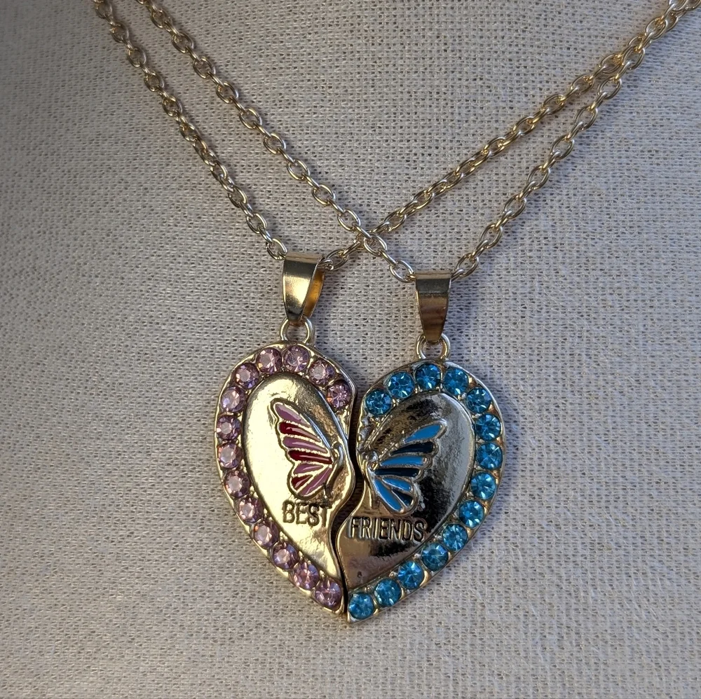 BEST FRIENDS necklace set pink blue gold butterfly rhinestones BFF gift